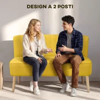 HOMCOM Divano 2 Posti in Tessuto Effetto Lino Senza Braccioli con Gambe in Legno, 117x56.5x77 cm, Giallo(m-6)