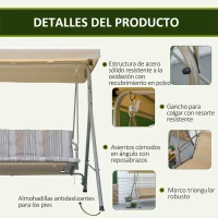 Outsunny Balancín de Jardín Exterior Columpio de 3 Plazas con Toldo Ajustable y Marco de Acero 172x110x156 cm Marrón Claro(m-6)