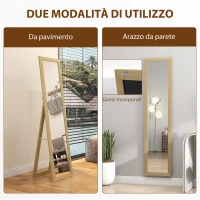 HOMCOM Specchio Verticale da Parete o da Terra con Cornice in MDF, 37x40x155 cm, Quercia e Trasparente(m-5)