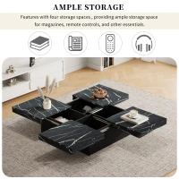 Modern Square Coffee Table with Sliding Top and 4 Built-In Drawers, Versatile Center Table for Living Spaces, 90L x 90W x 25H cm, Black(m-5)