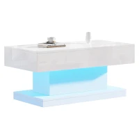 T-shaped Coffee Table with 2 Drawers and App-Controlled LED Strip, High-Gloss Centre Table for Living Room, 100L x 50W x 45H cm, White(m-2)