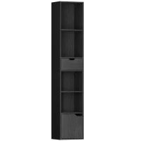HOMCOM 6-Tier Bookcase, Tall Narrow Bookshelf with Drawer and Door - Black(m-1)