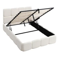 Plush Boucle Bed with Hydraulic Storage and Raised Headboard, Durable Frame with Slats, Self-Assembly, 204.5L x 142W x 100.5H cm, Beige(m-2)