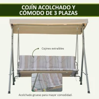 Outsunny Balancín de Jardín Exterior Columpio de 3 Plazas con Toldo Ajustable y Marco de Acero 172x110x156 cm Marrón Claro(m-5)