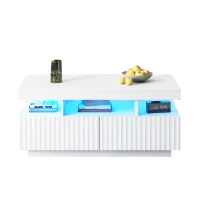 Modern Coffee Table with App-Controlled LED and Two Ribbed Drawers, Sleek Unit with Open Display Shelf, 100L x 50W x 45H cm, White(m-11)