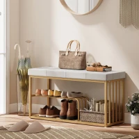 HOMCOM Bench and Shoe Storage, Tufted Shoe Storage Bench with Velvet Seat Cushion Gold Steel Frame for Entryway, Grey(m-2)