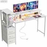 HOMCOM 147cm Gaming Desk with Charging Station and Monitor Stand, Computer Table for Home Office with RGB Lights, White(m-10)