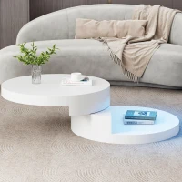 Round Rotating Coffee Table with Remote-Controlled LED Strip, Space-Saving Tabletop with Double-Layer Storage, 70L x 70W x 35.5H cm, White(m-7)