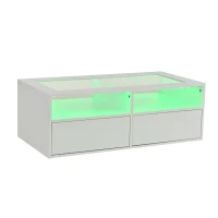 Smart Coffee Table with App-Controlled LED, USB Port and Glass Top, Practical Unit with 2 Drawers and Shelves,100L x 50W x 35H cm, White(m-13)