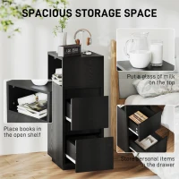 HOMCOM Slim Bedside Table, Narrow Bedside Cabinet with Open Shelf and 2 Drawers for Bedroom, Living Room, Black(m-4)