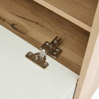 7-In-1 Coat Rack with 2 Shoe Compartments and Semi-open Shelves, High-gloss Cabinet with Mirror, 100L x 38.5W x 190H cm, White+Oak(m-13)