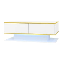 Modern LED Coffee Table with High-Gloss Finish and Gold Accents, Illuminated Unit with Drawers and Storage, 100L x 50W x 40H cm, White(m-15)