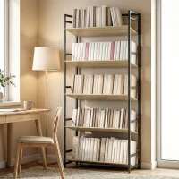 HOMCOM Bookshelf 5-Tier Metal Frame Room Divider Bookcase Storage Shelves for Living Room Oak(m-2)