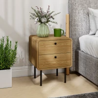 HOMCOM Bedside Table with 2 Drawers and Steel Legs - Oak(m-7)
