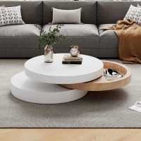 Round Coffee Table with Rotating Hidden Storage Sections, Space-Saving Table for Modern Living Spaces, 60L x 60W x 35H cm, White+Wood