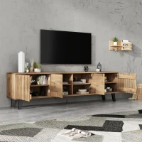 Modern Vintage TV Stand with Sturdy Five-Legged Support, Spacious Unit with 4 Openwork Doors and 9 Shelves, 180L x 40W x 55H cm, Wood(m-5)