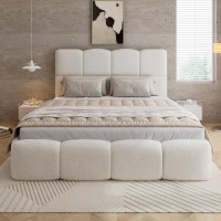 Plush Boucle Bed with Hydraulic Storage and Raised Headboard, Durable Frame with Slats, Self-Assembly, 204.5L x 142W x 100.5H cm, Beige(m-1)