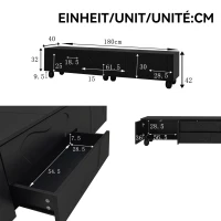 Minimalist TV Cabinet with Solid Wood Legs and Curved Doors, Spacious Storage Unit with Drawers and Shelves, 180L x 40W x 42H cm, Black(m-3)