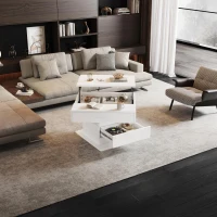 360° Rotating Coffee Table with Height-Adjustable Top and Hidden Storage, Modern Centre Table for Living Rooms, 70L x 70W x 45H cm, White(m-7)