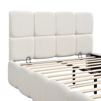 Plush Boucle Bed with Hydraulic Storage and Raised Headboard, Durable Frame with Slats, Self-Assembly, 204.5L x 142W x 100.5H cm, Beige(m-12)