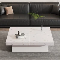 Modern Square Coffee Table with 4 Drawers and Sliding Surface, Space-Saving Center Table for Living Rooms, 90L x 90W x 25H cm, White(m-7)
