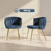 HOMCOM Velvet-Feel Dining Chairs Set of 2, Modern Upholstered Kitchen Chairs with Woven Backrest and Armrests, Metal Legs and Padded Seat for Dining Room, Bedroom, Living Room, Dark Blue(m-3)