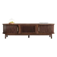 Retro MDF TV Stand with Sliding Wood-Slat Doors, Sturdy Unit with 3 Compartments for 65-Inch TV, 165L x 39.5W x 46H cm, Dark Oak(m-12)