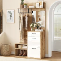 7-In-1 Coat Rack with 2 Shoe Compartments and Semi-open Shelves, High-gloss Cabinet with Mirror, 100L x 38.5W x 190H cm, White+Oak(m-7)