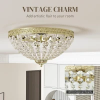 HOMCOM Crystal Chandelier Ceiling Light with 168 Octagonal Beads, Vintage 2-Light Flush Mount Ceiling Light for Living Room, Bedroom, Hallway, Dining Room, Gold Tone(m-4)