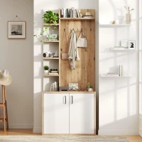 Hall Tree Coat Rack with Shoe Cabinet and 5 Open Shelves, Double‑door Storage for Narrow Entrance, 75L x 33W x 180H cm, White+Oak(m-1)
