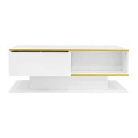 Modern LED Coffee Table with High-Gloss Finish and Gold Accents, Illuminated Unit with Drawers and Storage, 100L x 50W x 40H cm, White(m-2)