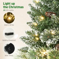 HOMCOM 60 cm Prelit Small Christmas Tree, Snow Flocked Tabletop Mini Xmas Tree with 35 LED Lights, Pine Cones and Linen Cover Base, Battery Operated, Green(m-5)