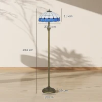 HOMCOM Tiffany-Style Floor Lamp with Handcrafted Stained Glass Shade, 152cm Tall Vintage Standing Lamp with Foot Switch and Dual Sockets for Living Room Bedroom, Bronze Tone and Blue(m-3)