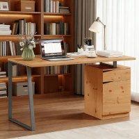 HOMCOM Computer Desk, Writing Desk with Cabinet, Drawer, Metal Legs, Work Table for Home Office Study, Natural Wood Finish(m-2)
