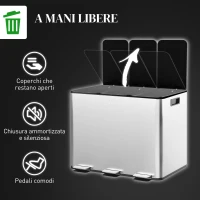 HOMCOM Pattumiera Differenziata Cestino Spazzatura 3 Scomparti Argento(m-6)