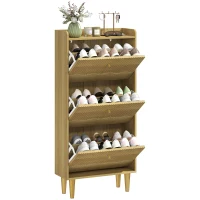 HOMCOM Narrow Shoe Cabinet, Modern Shoe Storage Cabinet with 3 Flip Drawers, Oak(m-10)