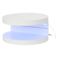 Round Rotating Coffee Table with Remote-Controlled LED Strip, Space-Saving Tabletop with Double-Layer Storage, 70L x 70W x 35.5H cm, White(m-2)
