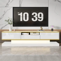 Modern LED TV Cabinet with High-Gloss Finish and Metallic Trim, Spacious Unit with Open Compartment, 180L x 38W x 45H cm, White(m-7)