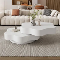 Flower-Shaped Coffee Table with 2 Shelves and Double-Tier Design, 360° Rotating Tabletop for Living Room, 75L x 67.5W x 31H cm, White(m-7)