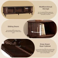 Retro MDF TV Stand with Sliding Wood-Slat Doors, Sturdy Unit with 3 Compartments for 65-Inch TV, 165L x 39.5W x 46H cm, Dark Oak(m-5)