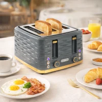 HOMCOM Toaster für 4 Scheiben mit 7 Bräunungsstufen, High-Lift, Aufwärm-/Auftau-/Abbruchs-Funktion, Graue Wellenoptik(m-2)