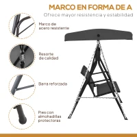 Outsunny Columpio de Jardín Exterior de 3 Plazas con Toldo Reclinable Respaldo Transpirable Marco de Acero 175x118x159 cm Negro(m-4)