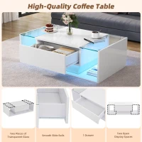 High-Gloss Coffee Table with a Drawer and Semi-Open Storage, Modern Centre Table for Living Room and Office, 100L x 50W x 31H cm, White(m-4)