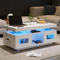 Modern Coffee Table with App-Controlled LED and USB Port, Space-Saving Unit with Acrylic Cabinets and Storage, 100L x 50W x 43H cm, White(m-9)