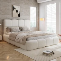 Plush Boucle Bed with Hydraulic Storage and Raised Headboard, Durable Frame with Slats, Self-Assembly, 204.5L x 142W x 100.5H cm, Beige(m-6)