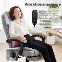 HOMCOM Hochlehner Massage-Bürostuhl mit Vibration, Wärmefunktion, verstellbarer Rückenlehne, Fußstütze, Fernbedienung, grau(m-4)