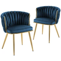 HOMCOM Velvet-Feel Dining Chairs Set of 2, Modern Upholstered Kitchen Chairs with Woven Backrest and Armrests, Metal Legs and Padded Seat for Dining Room, Bedroom, Living Room, Dark Blue(m-10)