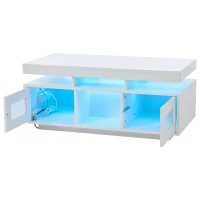Modern Coffee Table with App-Controlled LED and USB Port, Space-Saving Unit with Acrylic Cabinets and Storage, 100L x 50W x 43H cm, White(m-14)