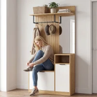 HOMCOM Appendiabiti da Ingresso con Asta, 4 Ganci, Panca con Scarpiera e Armadietto, Rovere e Bianco(m-7)