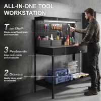 HOMCOM 110 cm Workbench with Pegboard, Heavy Duty Work Table with Power Strip and LED Light, Black(m-4)